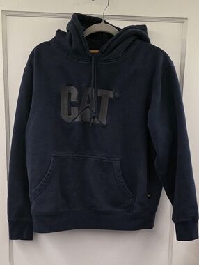 CAT Caterpillar Hoodie Navy Logo Pullover Sweatshirt Workwear Heavyweight Mens M
